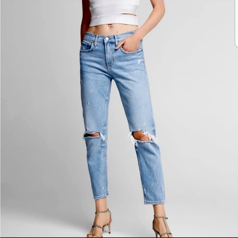 Zara Premium Denim Collection Highrise Slim Boyfriend Ripped Knee Jeans